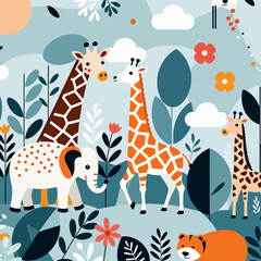 Whimsical Safari Animals Illustration - Cute Giraffes Elephant Tiger - Playful Kids Room Decor-Colorful Animal Cartoon - Modern Nursery Art Print