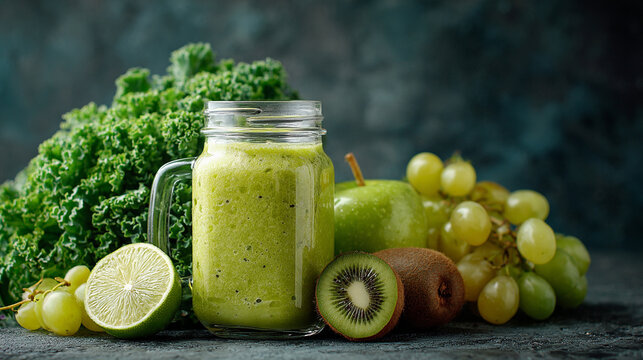 Fresh spinach and fruit green smoothie with ingredients on dark background. AI Generative