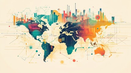 Fototapeta premium World Map Illustration Featuring Vibrant Colors and Modern Design Elements Depicting Global Connectivity and Data Flow