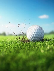 Obraz premium Golf ball bouncing on green grass with dirt spray.