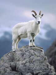 Obraz premium Mountain goat standing proudly on rocky outcrop alpine landscape wildlife photography clear skies nature's majesty