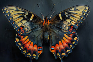large beautiful tropical butterfly with open wings on a black background close-up, top view