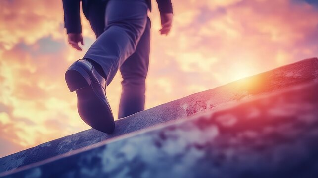 Businessman in suit walking up stairs at sunset, symbolizing career success and ambition; close-up on feet, soft focus, upward movement. - Powered by Adobe