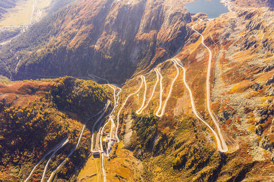 Aerial view of narrow roads on the Furka Pass, in Switzerland.