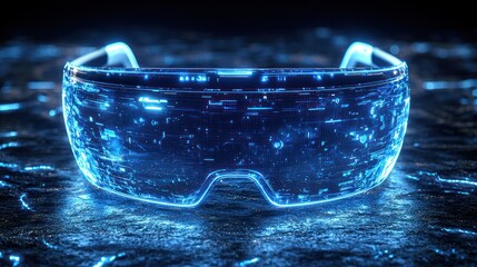 Futuristic VR glasses with glowing blue digital data overlay