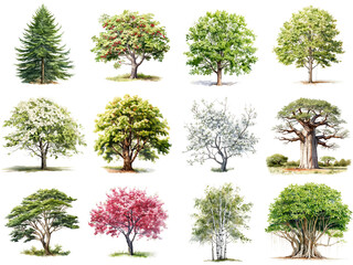 Fototapeta premium Collection of twelve diverse realistic trees, including conifer, baobab, birch, and blooming species.