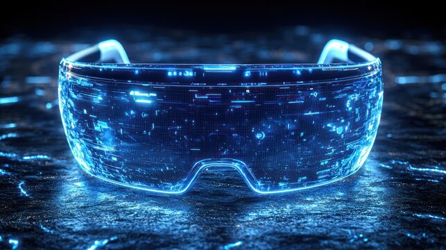 Futuristic VR glasses with glowing blue digital data overlay