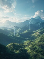 Obraz premium Harnessing wind and solar energy amidst scenic mountains
