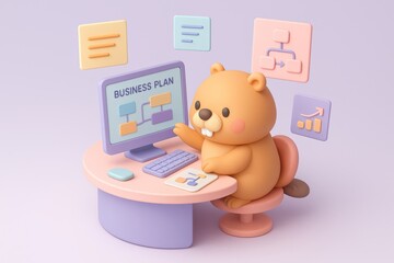 A cute 3D cartoon beaver sits at a desk with a computer displaying a "BUSINESS PLAN" flowchart, surrounded by various business icons. This image represents business planning, strategy, or entrepreneur