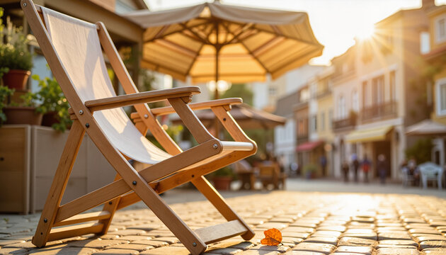 Wooden deck chair in outdoor cafe during sunset with umbrella