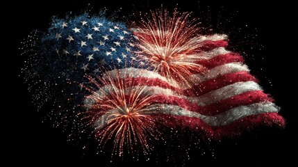 American flag-themed fireworks burst in night sky, dynamic and festive Independence Day,