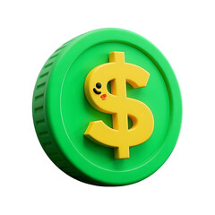 Fototapeta premium A Green Cartoon Dollar Coin with Cute Facial Expression Floating