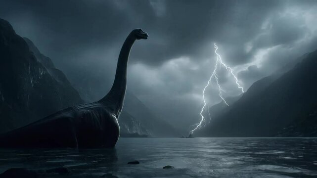 A long necked aquatic creature emerges from a dark lake during a dramatic thunderstorm Mountains rise in the background as lightning flashes illuminate the scene