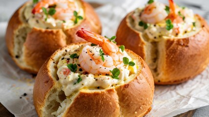 A round loaf filled with a creamy mixture. This mixture contains shrimp garnished with chopped herbs and sprinkled with black pepper.