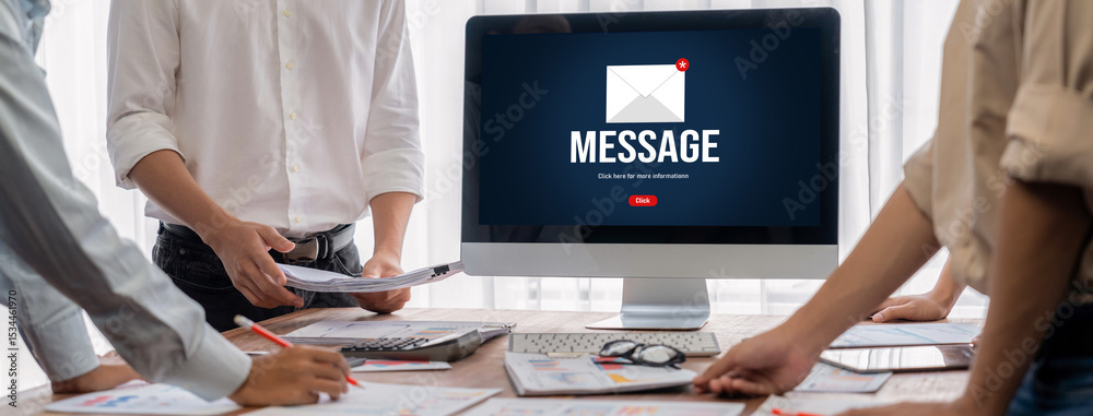 Poster Email notification message showing on computer screen brisk. Digital marketing message information text from business to customer client
