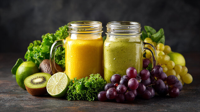 Freshly blended fruit smoothies of various tastes in glass jars with differents fruits. Yellow and green. AI Generative