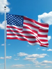 Fototapeta premium Realistic USA flag on blue blurry sky background