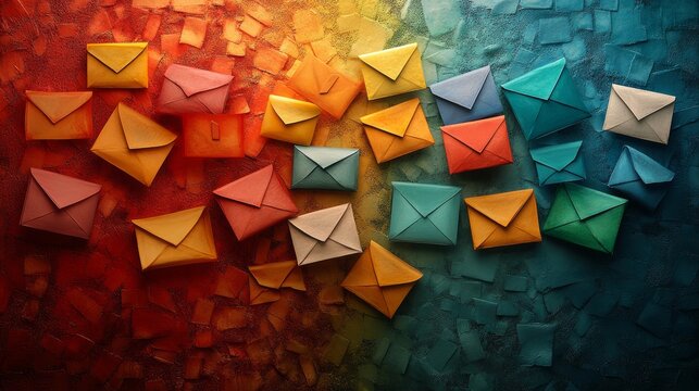 Colorful Envelopes Arranged on a Textured Backdrop Showcasing an Artistic Display of Communication and Creativity in a Vibrant Setting