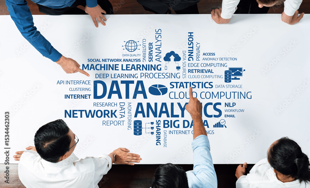 Poster A team of professionals collaborates around a table, analyzing various data and analytics concepts depicted on a whiteboard in a modern workspace environment. Amity