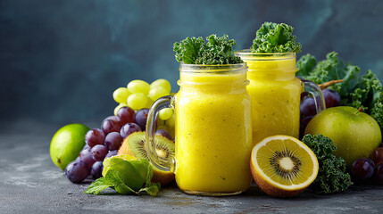 Freshly blended fruit smoothies of various tastes in glass jars with differents fruits. Yellow and green. AI Generative