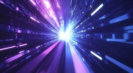 Obraz premium Futuristic digital tunnel with blue and purple light rays, abstract geometric background for innovation and high-tech product concepts
