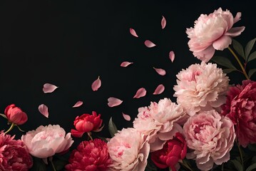 Obraz premium Stunning display of lush peony blossoms in soft pink and rich red hues falling against an elegant dark background of refined beauty
