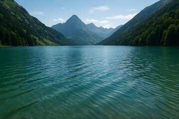Mountain Lake with Surface Rippling in Response to Gentle Breeze