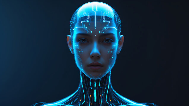 A futuristic portrait of a female cyborg with glowing digital circuitry details.