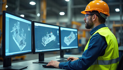Engineer wearing safety gear analyzing 3D CAD model on computer in factory setting. Professional worker uses modern technology. Computer-aided design software for project planning. Industrial