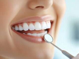 Fototapeta premium Close-up of dental treatment on a woman patients healthy white teeth, dentist using tools in mouth at clinic, blurred background. Real photo.