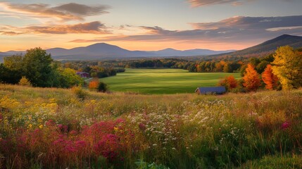 Obraz premium Vibrant Autumn Landscape With Colorful Trees and Expansive Fields Under a Sunset Sky in a Mountainous Region