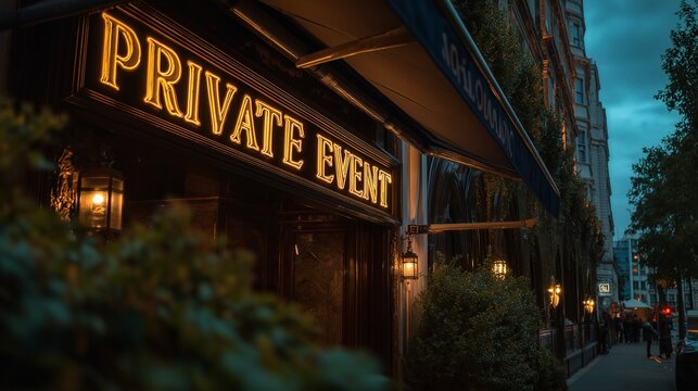 Private Event Venue at Twilight: An exclusive venue glows with anticipation as evening descends, its "Private Event" sign illuminated against the darkening sky.