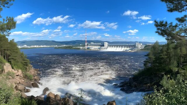 Panoramic shot of the Yenisei River surging through the Krasnoyarsk hydroelectric facility, a scene of raw energy and engineering under clear skies