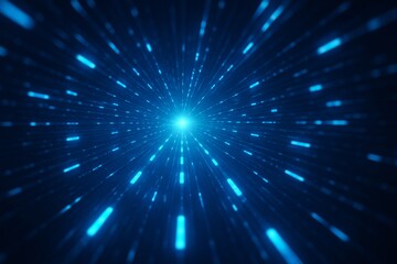 Naklejka premium A dazzling blue light tunnel with streaks of light emanating from a central point, creating a dynamic sense of speed and movement. This abstract background is perfect for themes of technology, data tr