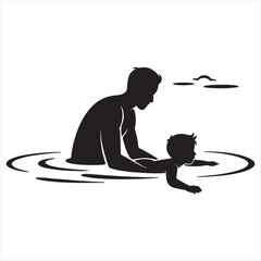 Father Teaching His Son Swimming In The Pool Silhouette Style Vector Illustration.