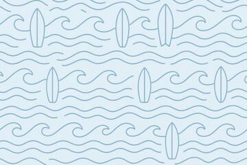 A simple and charming seamless pattern featuring outlined surfboards interspersed with stylized ocean waves on a light blue background. This clean design evokes summer, beach life, and minimalist aest
