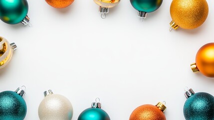 Colorful Holiday Ornaments Arranged in a Circular Pattern on a White Background, Perfect for Festive Decorations and Seasonal Celebrations
