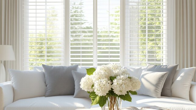 Bright and cozy living room corner with a white sofa adorned with gray pillows and a bouquet of white hydrangeas on a table, sunlit by large windows with white plantation shutters