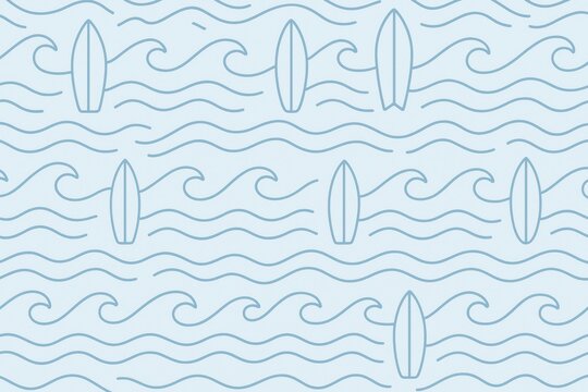 A simple and charming seamless pattern featuring outlined surfboards interspersed with stylized ocean waves on a light blue background. This clean design evokes summer, beach life, and minimalist aest