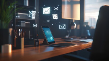 Modern Workspace With Mobile Device Displaying Email Notifications in a Well-Lit Office Environment