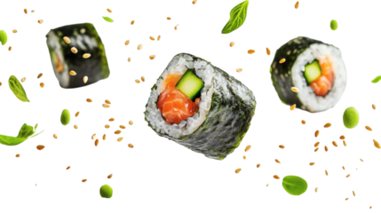 Flying 3D sushi rolls with flying sesame seeds and detailed seaweed wrapping isolated on white background 