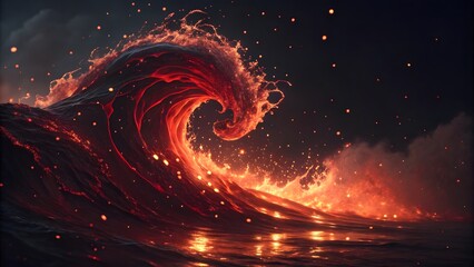 Fiery wave cresting under a dark sky with burning lava-like embers and water surface reflection
