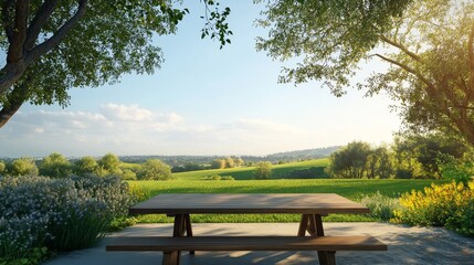 Fototapeta premium Scenic Landscape Featuring a Wooden Picnic Table Surrounded by Lush Greenery in the Countryside During Daylight Hours