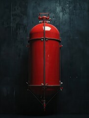 Red industrial pressure tank on display in dark environment for safety applications and equipment