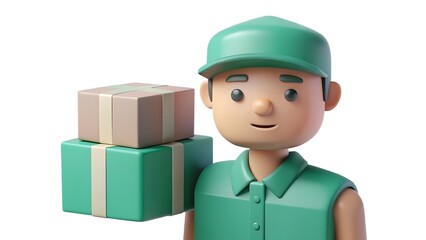 3d cartoon delivery man holding packages ready for quick courier service and package delivery