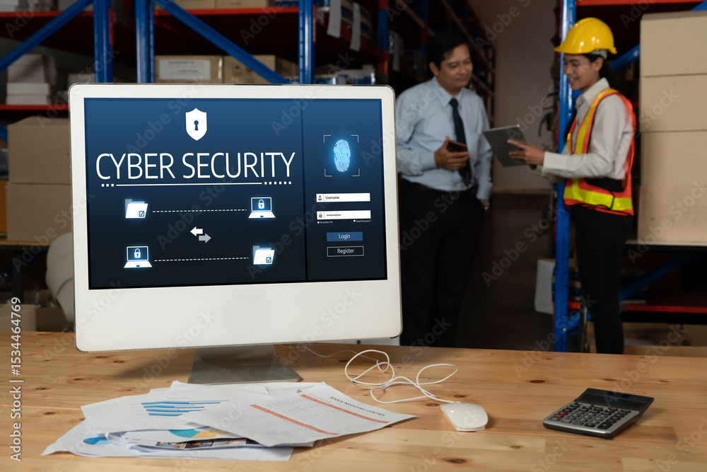 Poster cyber security system on computer screen protect private information snugly from hacker and cyber at