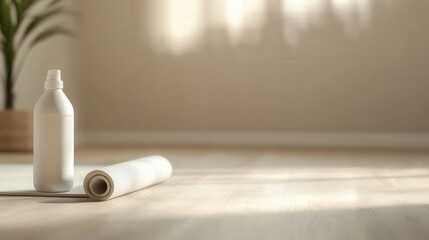 White water bottle and rolled yoga mat on light wooden floor in home gym, beige blurred background, natural lighting, space for text, hyper-realistic high quality.