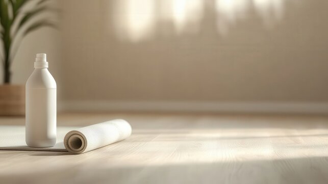 White water bottle and rolled yoga mat on light wooden floor in home gym, beige blurred background, natural lighting, space for text, hyper-realistic high quality.