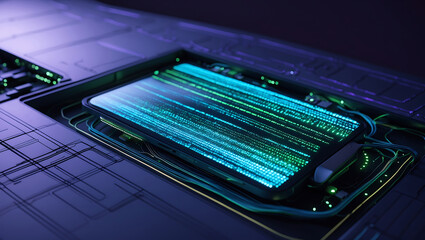 Futuristic data transfer and processing conceptualization depicting a mobile phone and digital code