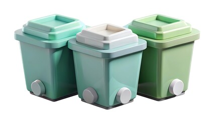 Three stylized 3d rendered waste bins in pastel green and teal tones against white background